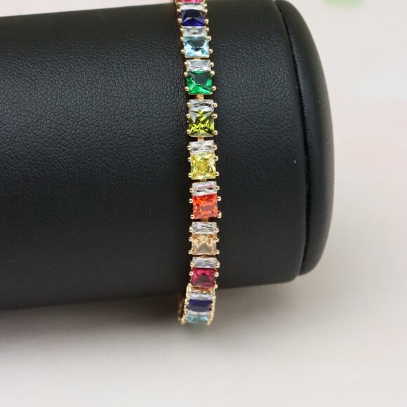 "Rainbow CZ Rose Gold Bracelet with Square Cut Stones, Vibrant Style, XPBL0742 - Picture 11 of 12